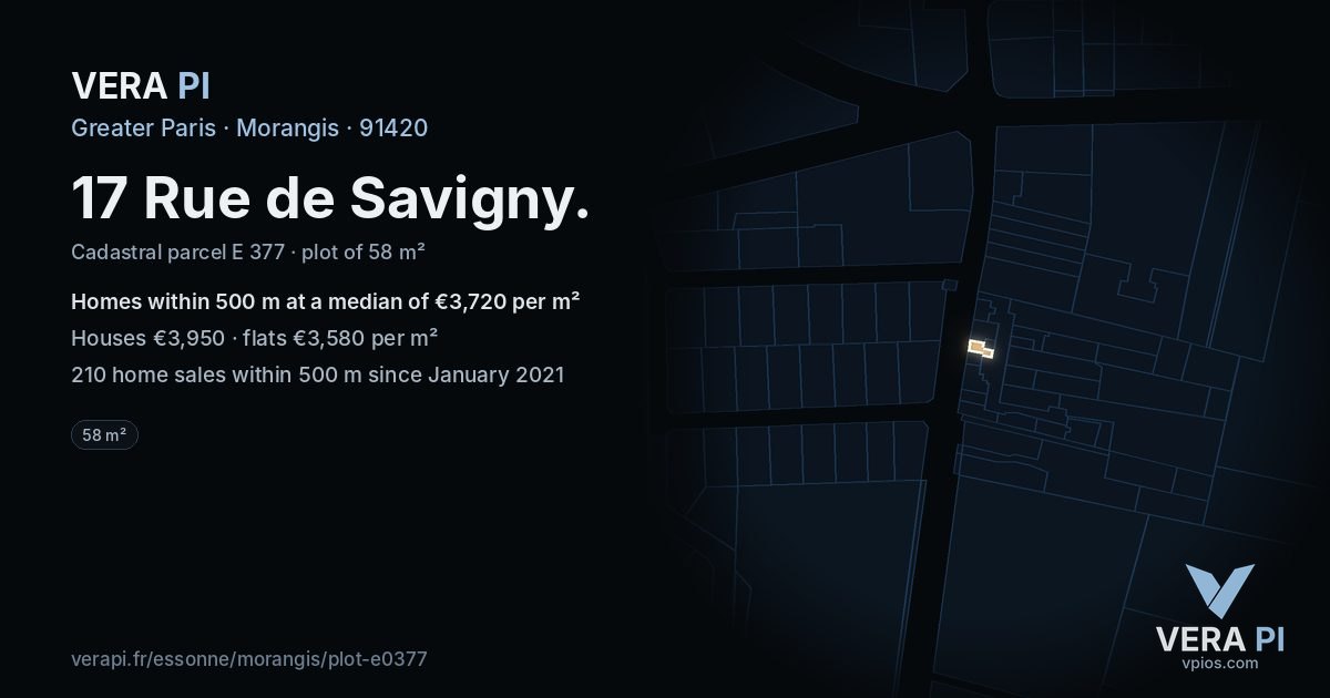 17 Rue de Savigny, Morangis at night – the plot lit, the parcels around coloured by the prices near them
