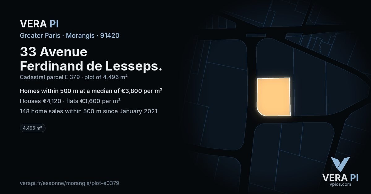 33 Avenue Ferdinand de Lesseps, Morangis at night – the plot lit, the parcels around coloured by the prices near them