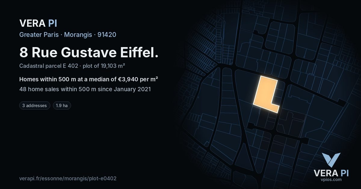 8 Rue Gustave Eiffel, Morangis at night – the plot lit, the parcels around coloured by the prices near them