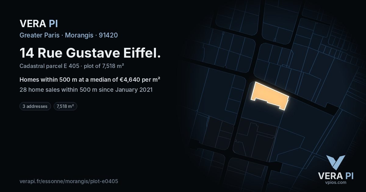 14 Rue Gustave Eiffel, Morangis at night – the plot lit, the parcels around coloured by the prices near them