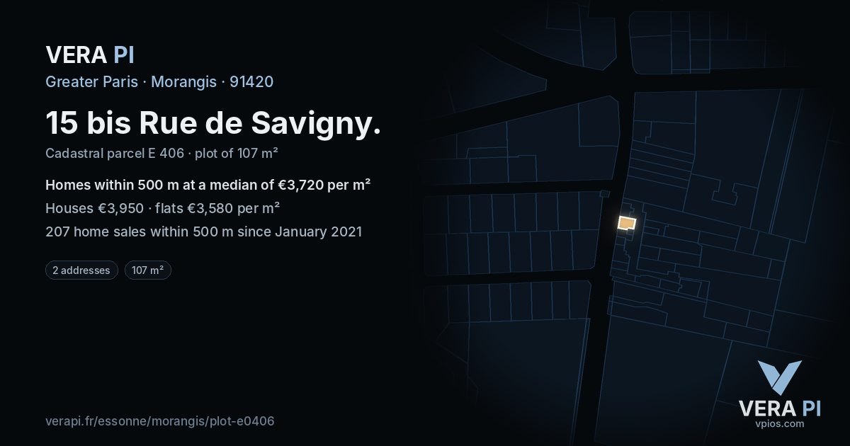 15 bis Rue de Savigny, Morangis at night – the plot lit, the parcels around coloured by the prices near them