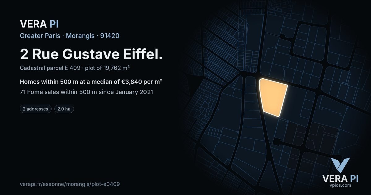 2 Rue Gustave Eiffel, Morangis at night – the plot lit, the parcels around coloured by the prices near them