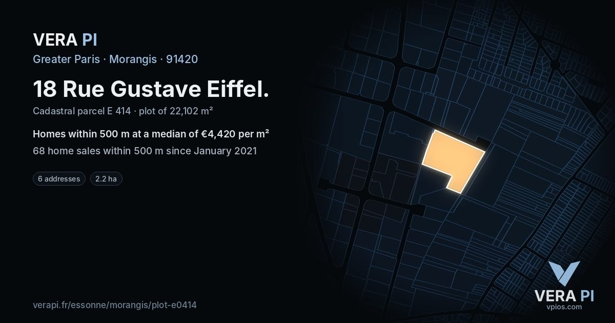 18 Rue Gustave Eiffel, Morangis at night – the plot lit, the parcels around coloured by the prices near them