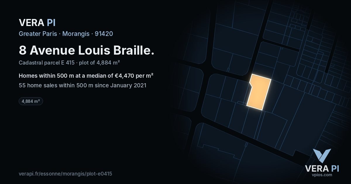 8 Avenue Louis Braille, Morangis at night – the plot lit, the parcels around coloured by the prices near them