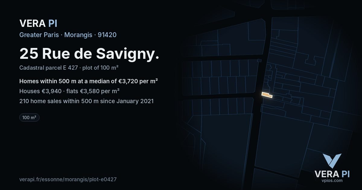 25 Rue de Savigny, Morangis at night – the plot lit, the parcels around coloured by the prices near them