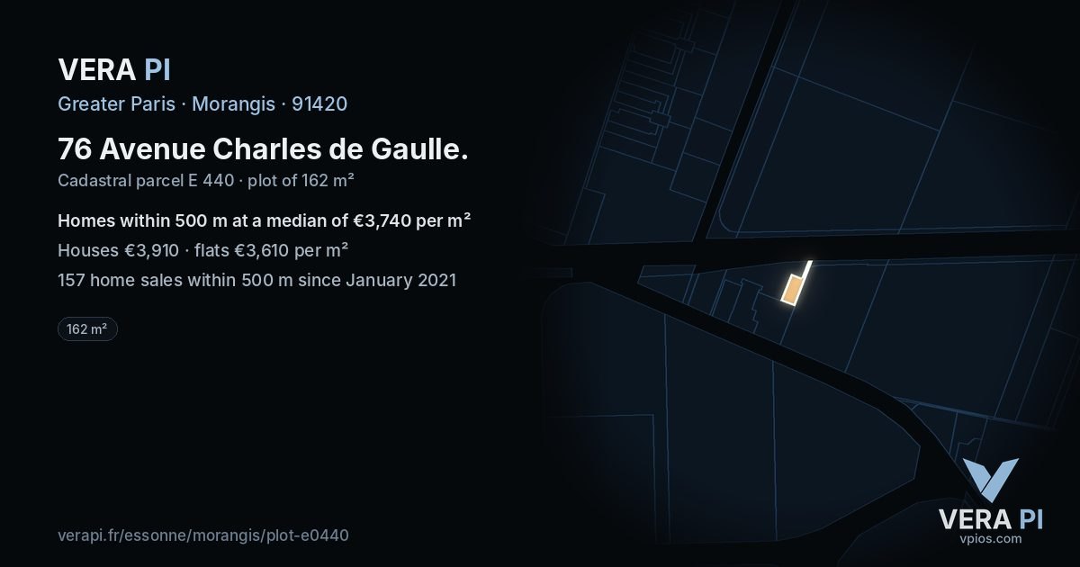 76 Avenue Charles de Gaulle, Morangis at night – the plot lit, the parcels around coloured by the prices near them