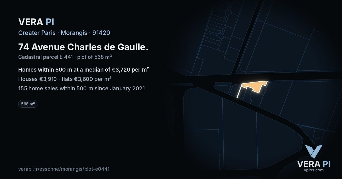 74 Avenue Charles de Gaulle, Morangis at night – the plot lit, the parcels around coloured by the prices near them