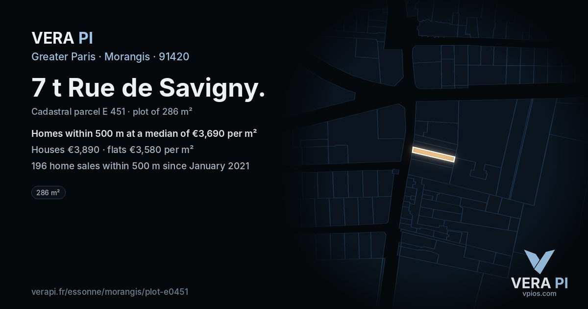 7 t Rue de Savigny, Morangis at night – the plot lit, the parcels around coloured by the prices near them