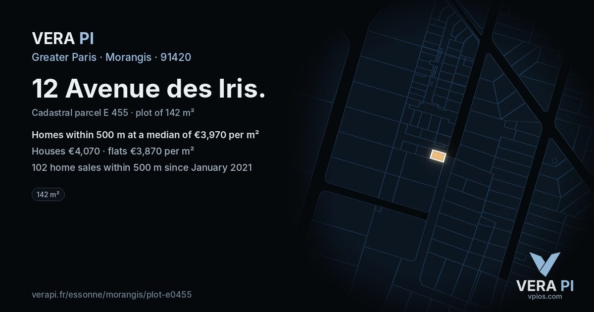 12 Avenue des Iris, Morangis at night – the plot lit, the parcels around coloured by the prices near them