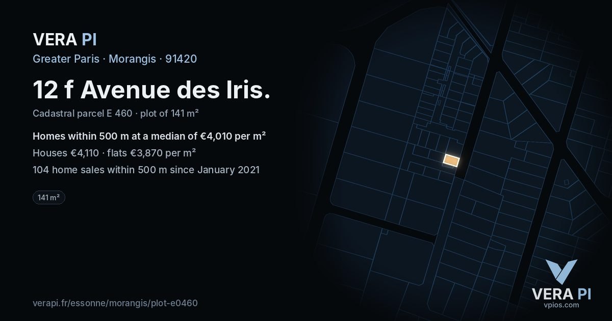 12 f Avenue des Iris, Morangis at night – the plot lit, the parcels around coloured by the prices near them
