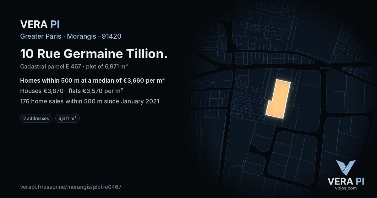 10 Rue Germaine Tillion, Morangis at night – the plot lit, the parcels around coloured by the prices near them