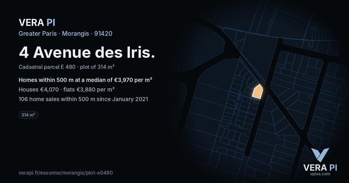 4 Avenue des Iris, Morangis at night – the plot lit, the parcels around coloured by the prices near them