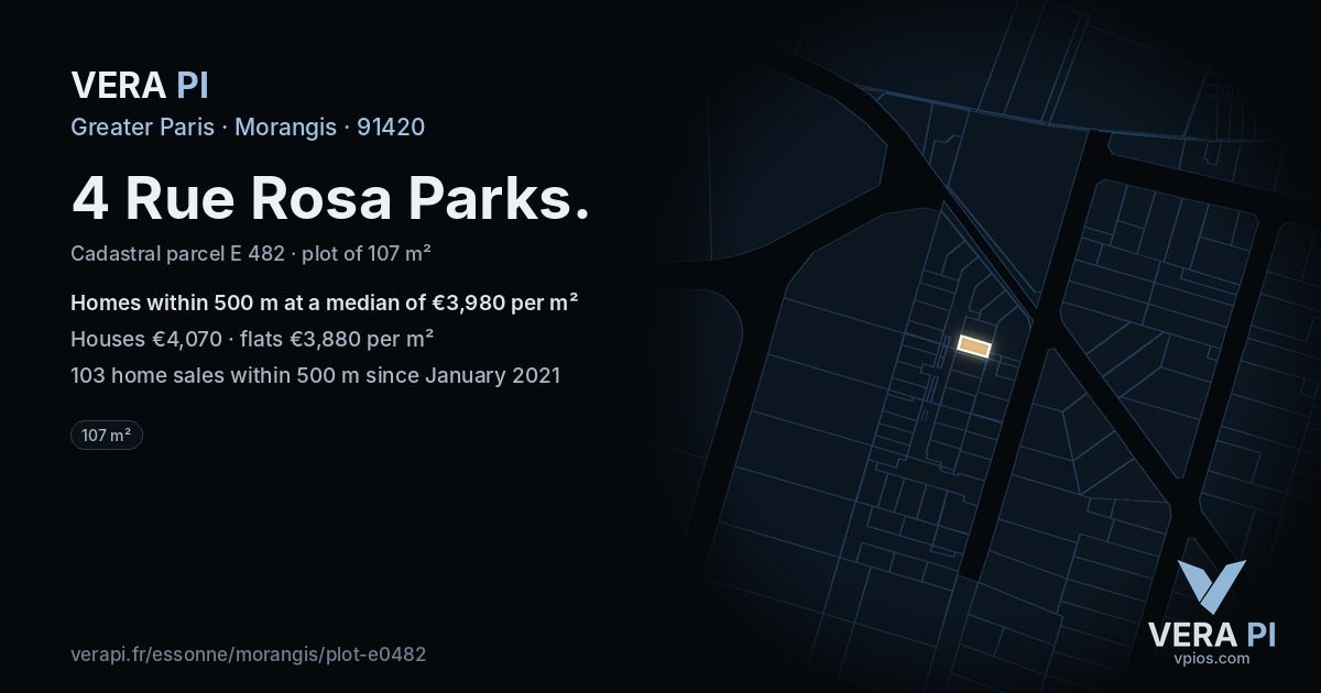 4 Rue Rosa Parks, Morangis at night – the plot lit, the parcels around coloured by the prices near them