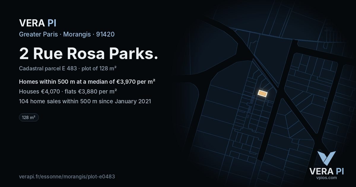 2 Rue Rosa Parks, Morangis at night – the plot lit, the parcels around coloured by the prices near them