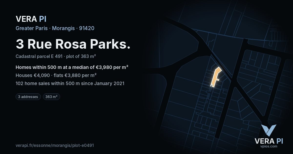 3 Rue Rosa Parks, Morangis at night – the plot lit, the parcels around coloured by the prices near them
