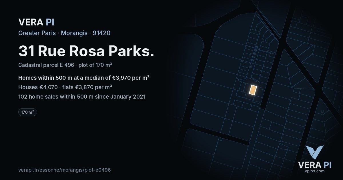31 Rue Rosa Parks, Morangis at night – the plot lit, the parcels around coloured by the prices near them