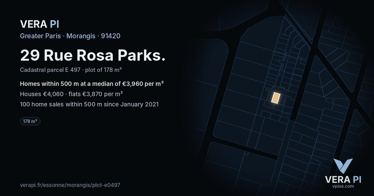 29 Rue Rosa Parks, Morangis at night – the plot lit, the parcels around coloured by the prices near them