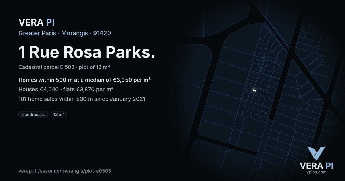1 Rue Rosa Parks, Morangis at night – the plot lit, the parcels around coloured by the prices near them