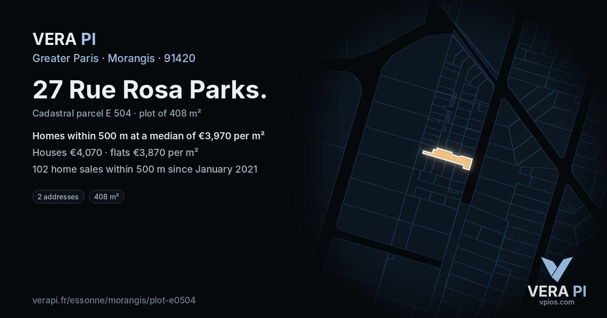27 Rue Rosa Parks, Morangis at night – the plot lit, the parcels around coloured by the prices near them