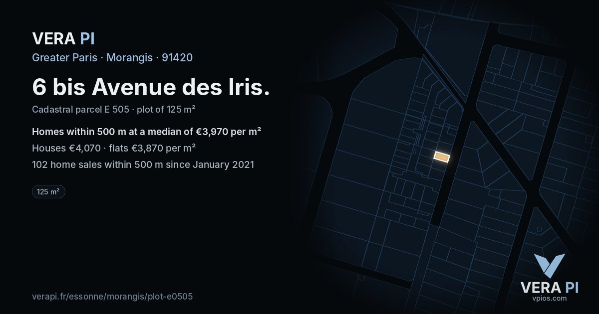 6 bis Avenue des Iris, Morangis at night – the plot lit, the parcels around coloured by the prices near them