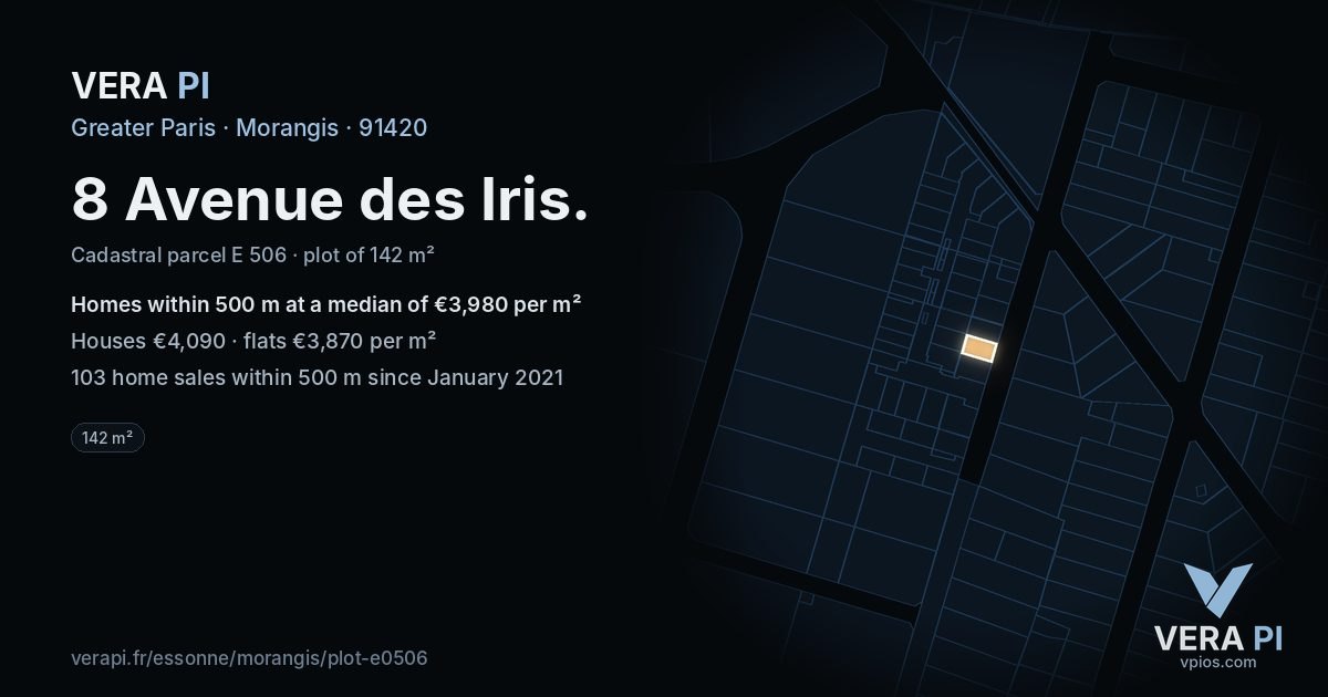 8 Avenue des Iris, Morangis at night – the plot lit, the parcels around coloured by the prices near them