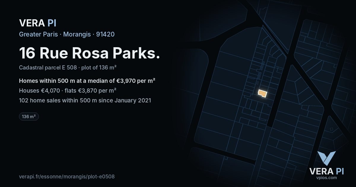 16 Rue Rosa Parks, Morangis at night – the plot lit, the parcels around coloured by the prices near them