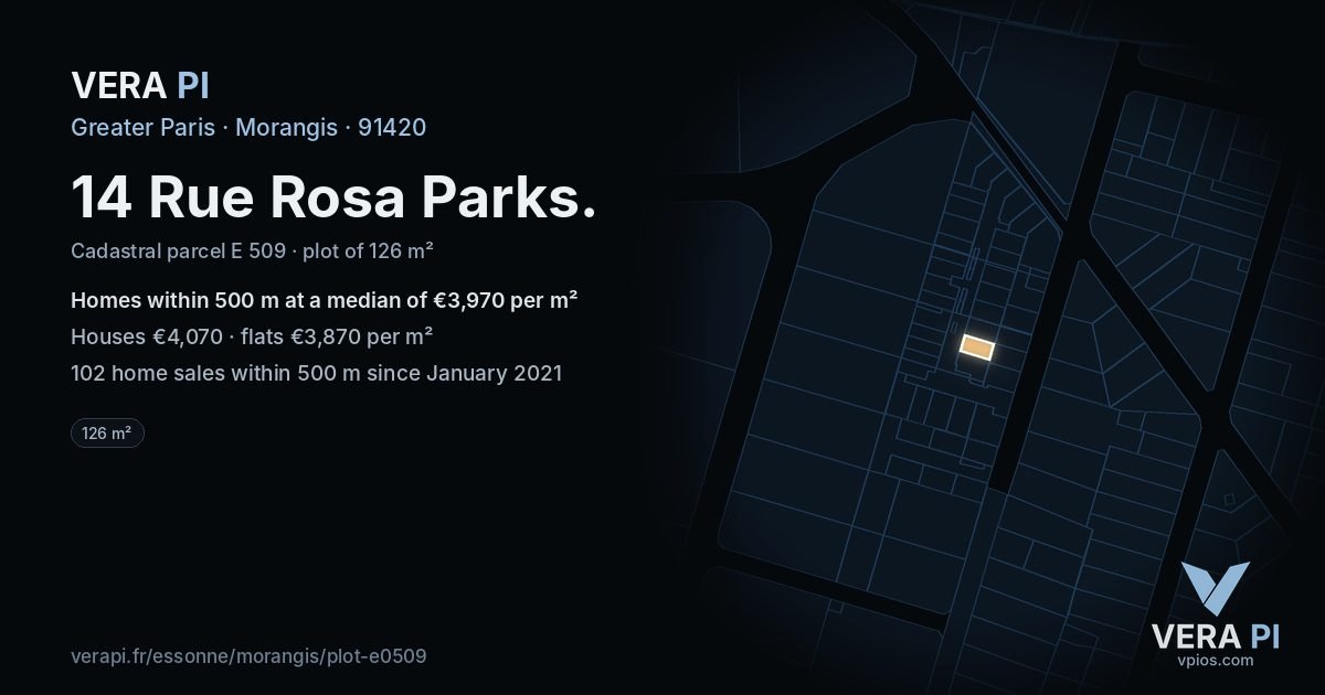 14 Rue Rosa Parks, Morangis at night – the plot lit, the parcels around coloured by the prices near them