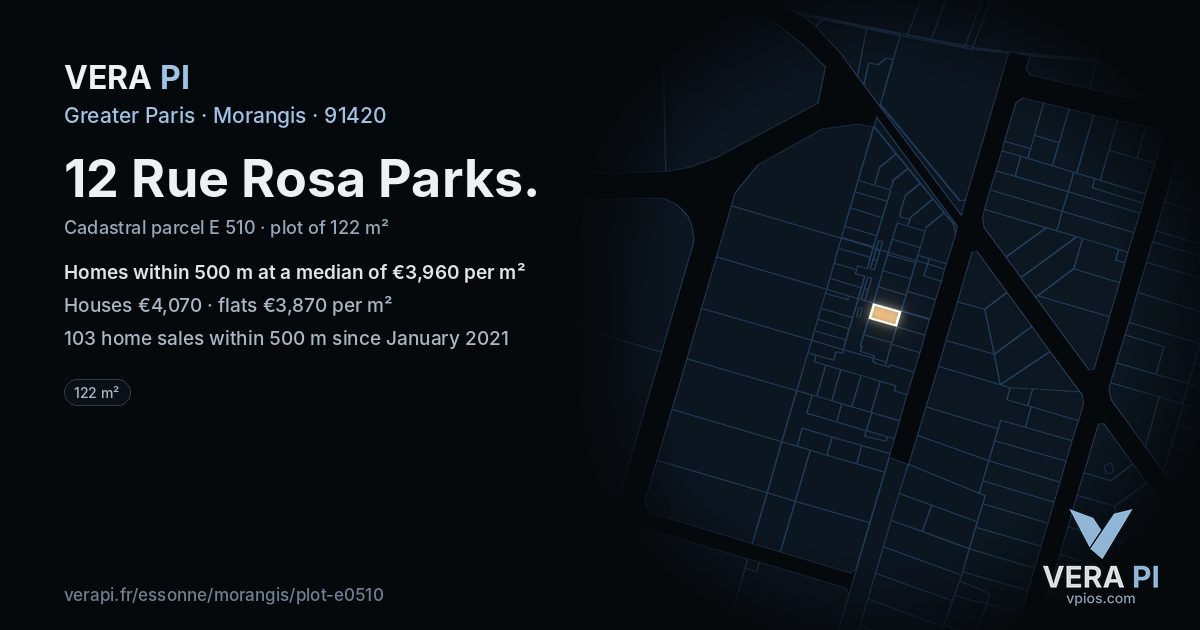 12 Rue Rosa Parks, Morangis at night – the plot lit, the parcels around coloured by the prices near them