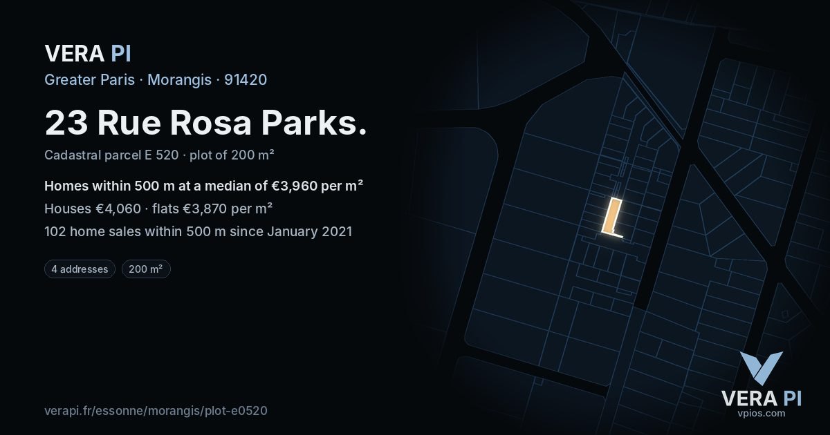 23 Rue Rosa Parks, Morangis at night – the plot lit, the parcels around coloured by the prices near them