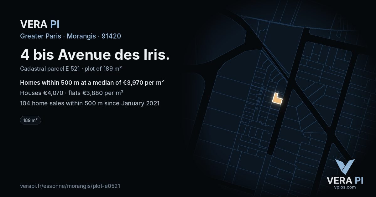 4 bis Avenue des Iris, Morangis at night – the plot lit, the parcels around coloured by the prices near them