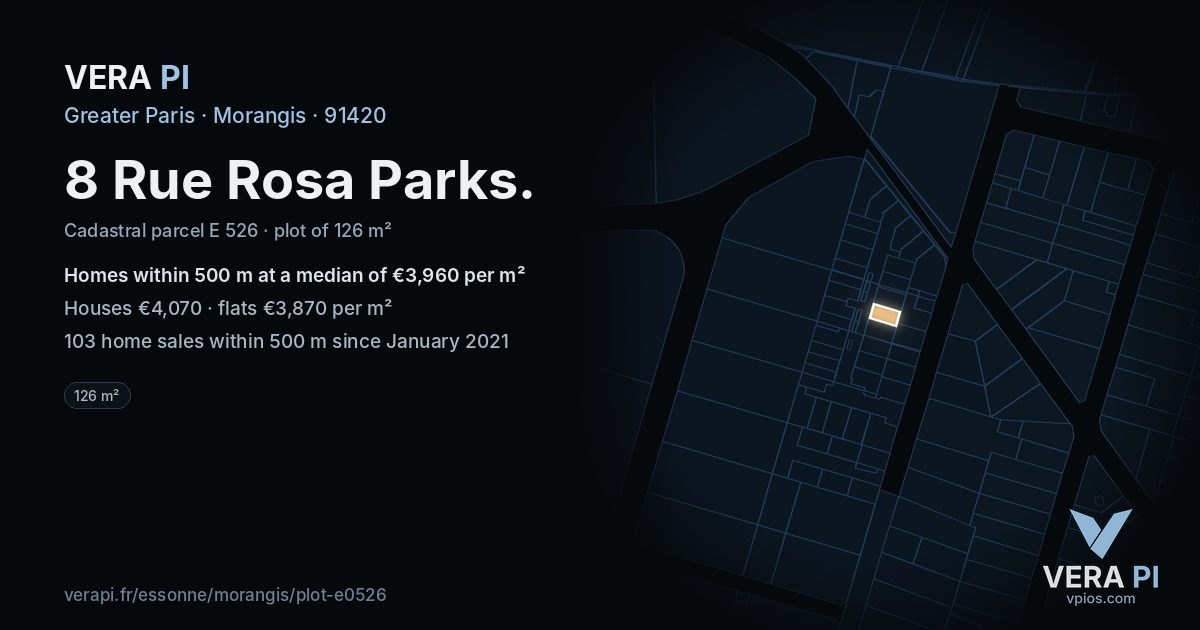 8 Rue Rosa Parks, Morangis at night – the plot lit, the parcels around coloured by the prices near them
