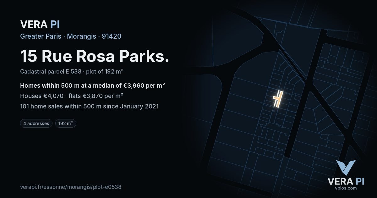 15 Rue Rosa Parks, Morangis at night – the plot lit, the parcels around coloured by the prices near them