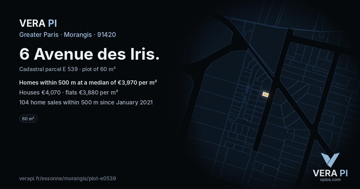 6 Avenue des Iris, Morangis at night – the plot lit, the parcels around coloured by the prices near them