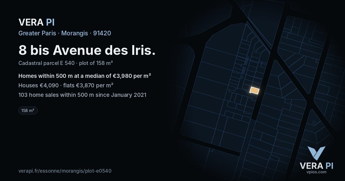 8 bis Avenue des Iris, Morangis at night – the plot lit, the parcels around coloured by the prices near them