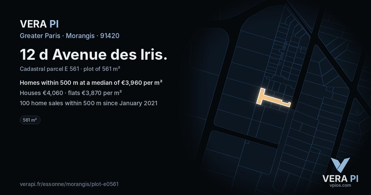 12 d Avenue des Iris, Morangis at night – the plot lit, the parcels around coloured by the prices near them