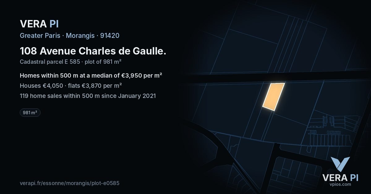 108 Avenue Charles de Gaulle, Morangis at night – the plot lit, the parcels around coloured by the prices near them