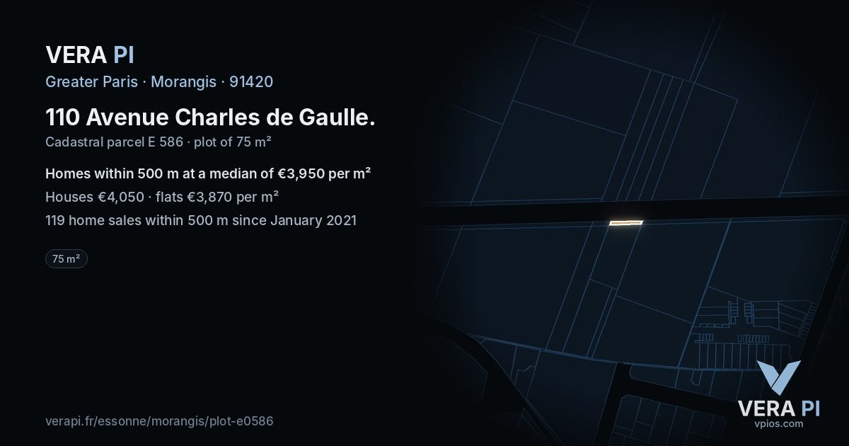 110 Avenue Charles de Gaulle, Morangis at night – the plot lit, the parcels around coloured by the prices near them