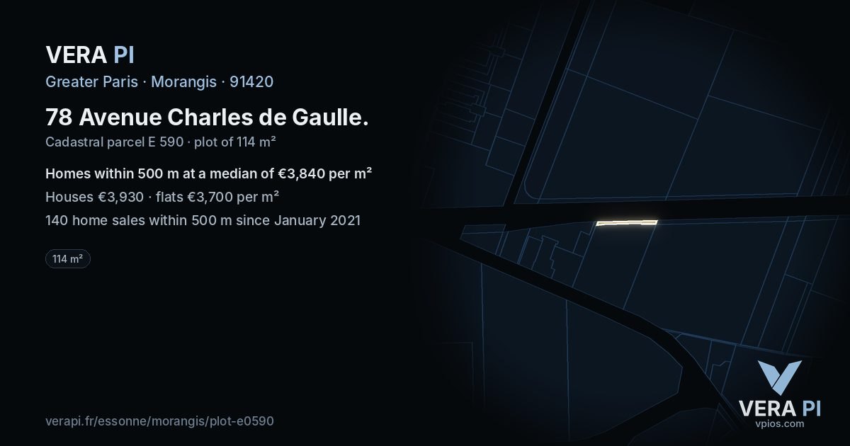 78 Avenue Charles de Gaulle, Morangis at night – the plot lit, the parcels around coloured by the prices near them