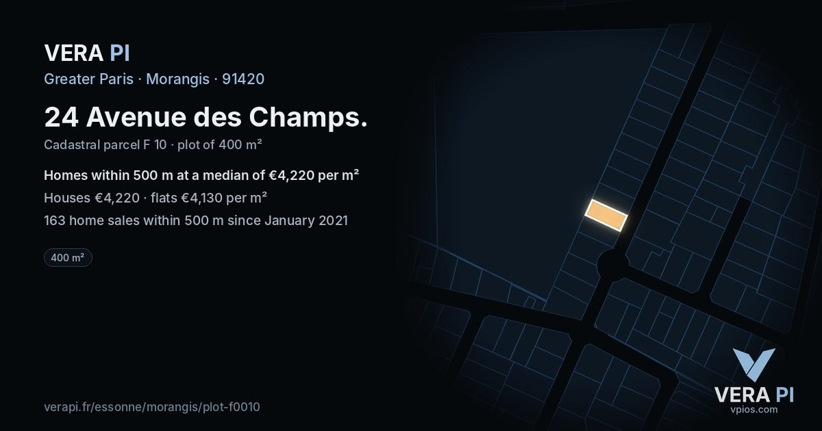 24 Avenue des Champs, Morangis at night – the plot lit, the parcels around coloured by the prices near them