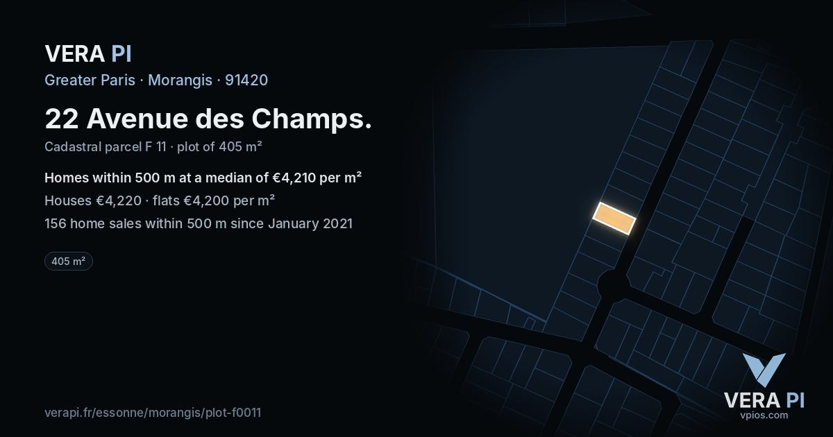 22 Avenue des Champs, Morangis at night – the plot lit, the parcels around coloured by the prices near them