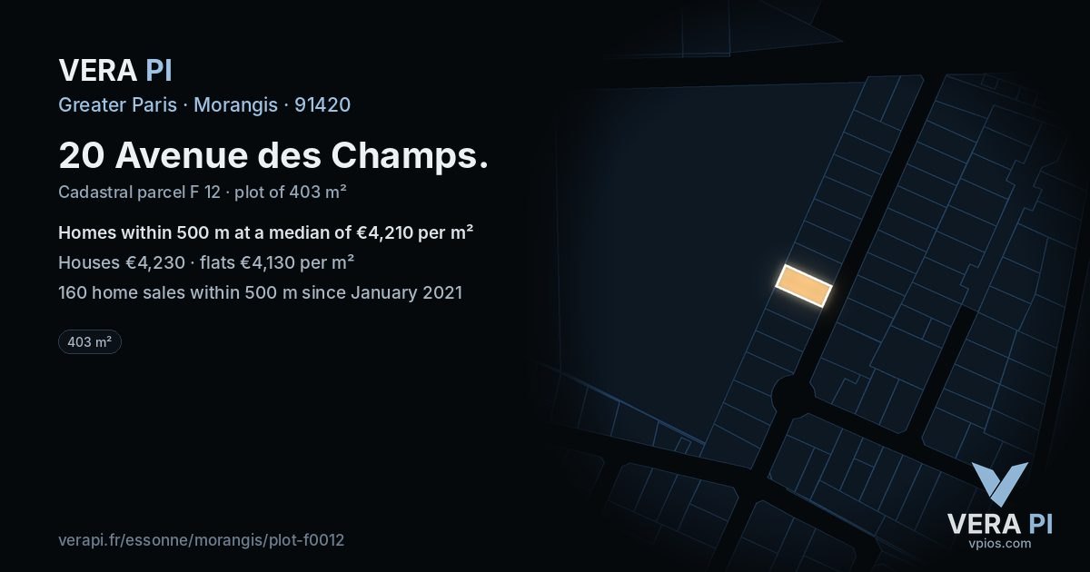 20 Avenue des Champs, Morangis at night – the plot lit, the parcels around coloured by the prices near them