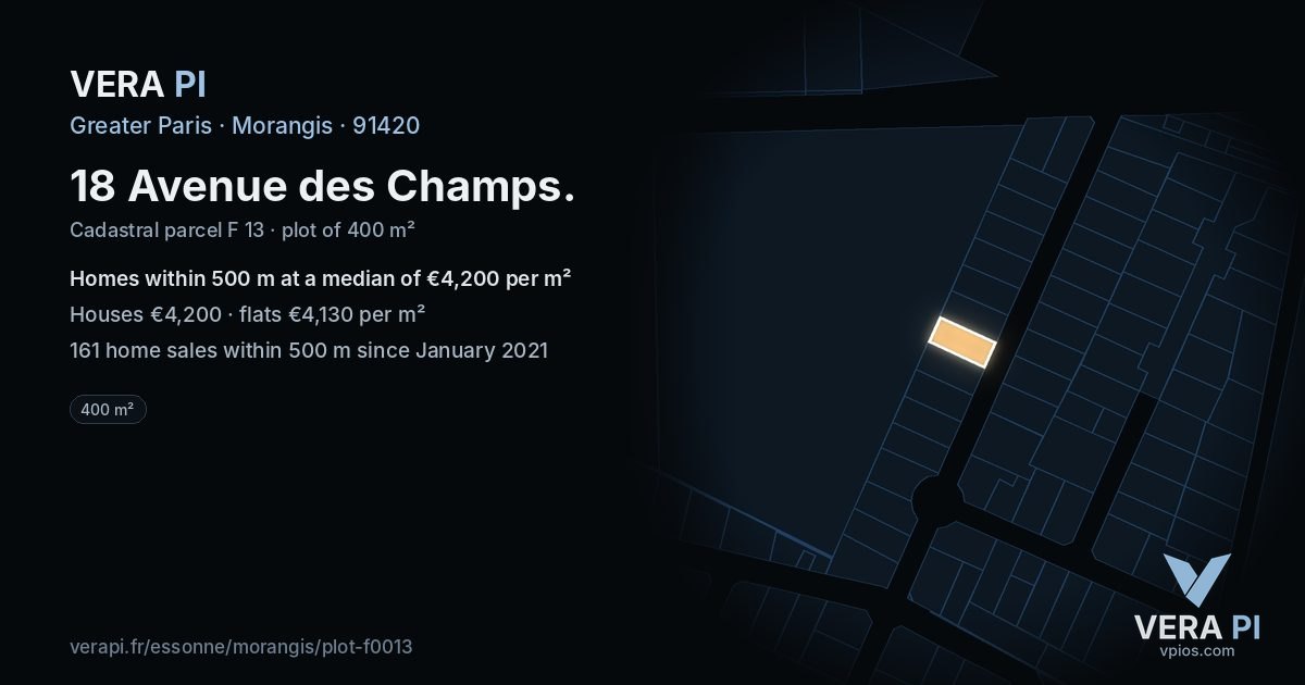 18 Avenue des Champs, Morangis at night – the plot lit, the parcels around coloured by the prices near them