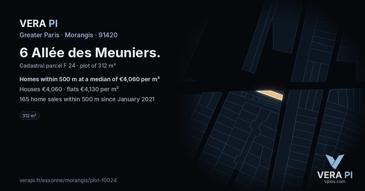 6 Allée des Meuniers, Morangis at night – the plot lit, the parcels around coloured by the prices near them