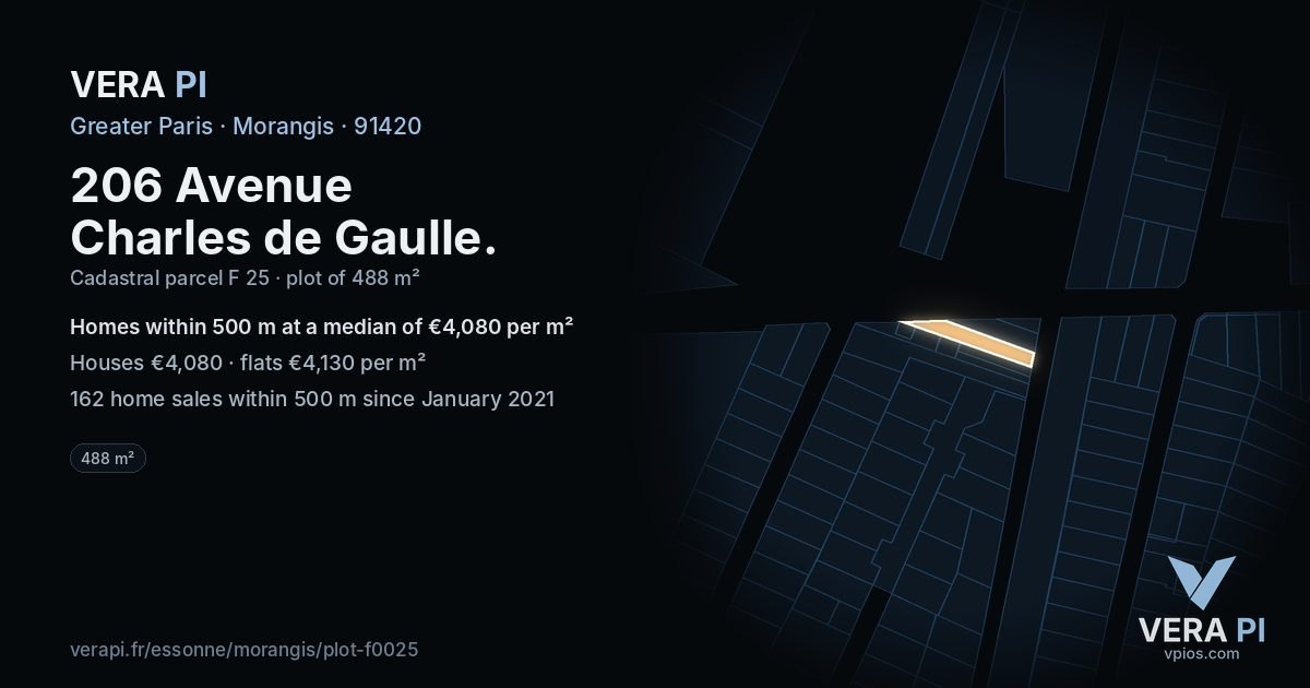 206 Avenue Charles de Gaulle, Morangis at night – the plot lit, the parcels around coloured by the prices near them
