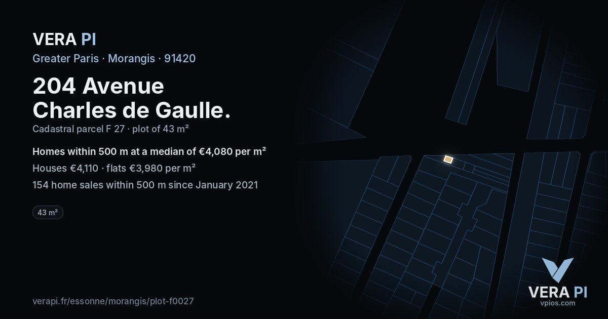 204 Avenue Charles de Gaulle, Morangis at night – the plot lit, the parcels around coloured by the prices near them
