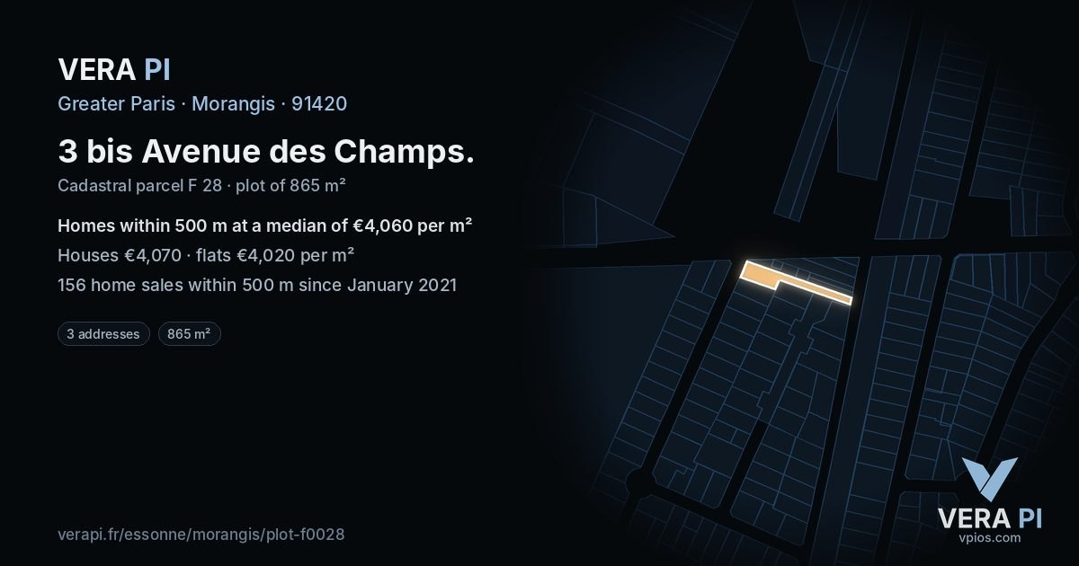 3 bis Avenue des Champs, Morangis at night – the plot lit, the parcels around coloured by the prices near them