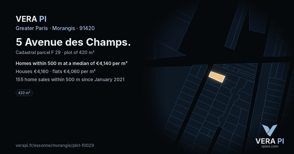 5 Avenue des Champs, Morangis at night – the plot lit, the parcels around coloured by the prices near them