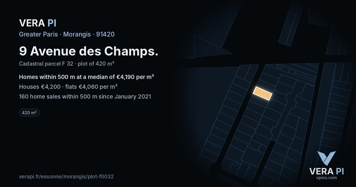 9 Avenue des Champs, Morangis at night – the plot lit, the parcels around coloured by the prices near them
