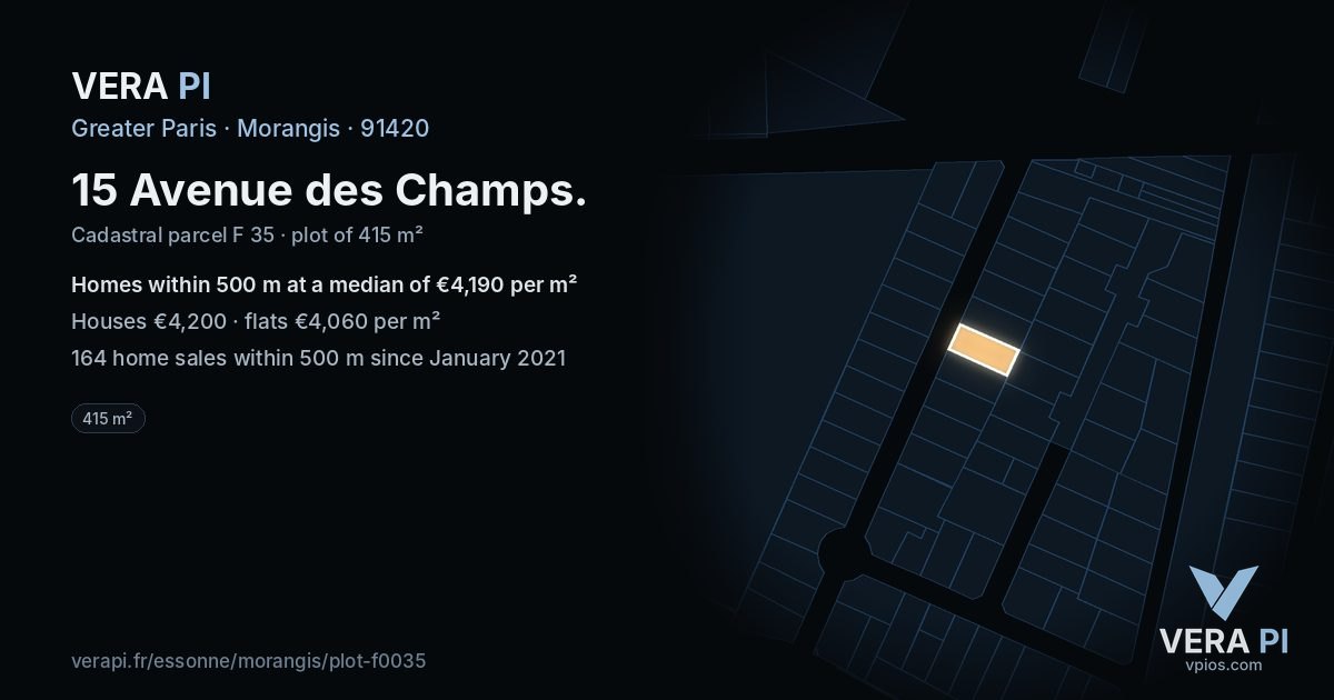 15 Avenue des Champs, Morangis at night – the plot lit, the parcels around coloured by the prices near them