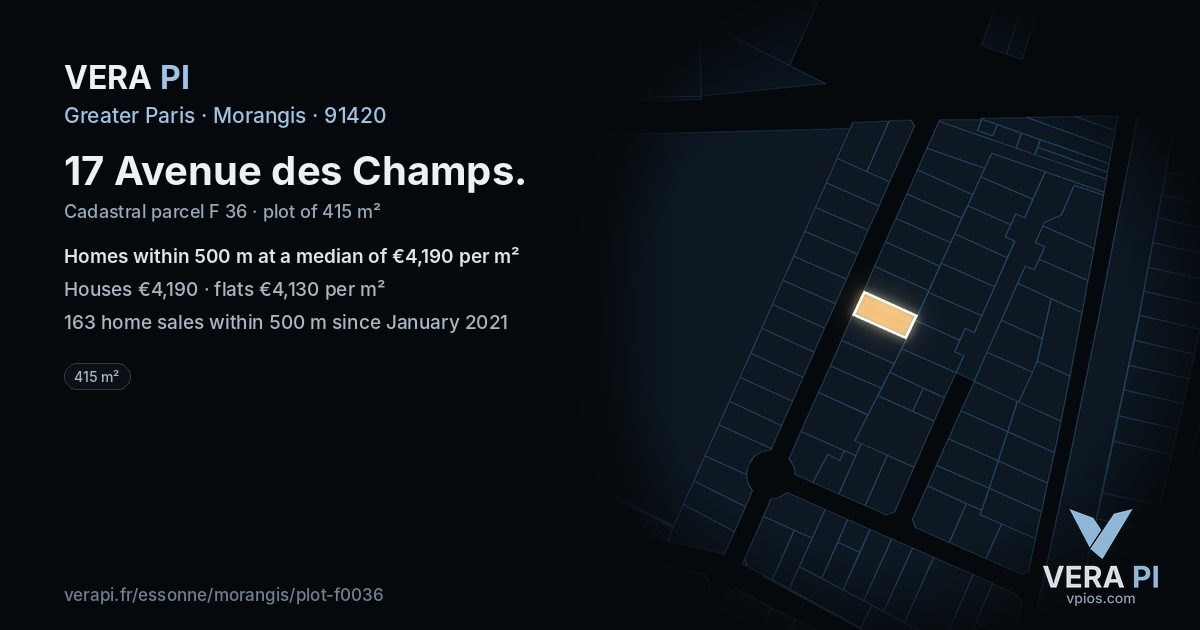 17 Avenue des Champs, Morangis at night – the plot lit, the parcels around coloured by the prices near them